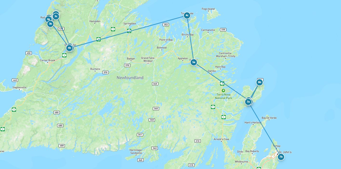 Large route map for Newfoundland Adventure: Eastbound