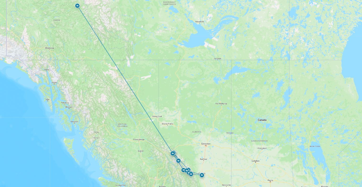 Route map for the 5 Day Canadian Rockies Tour