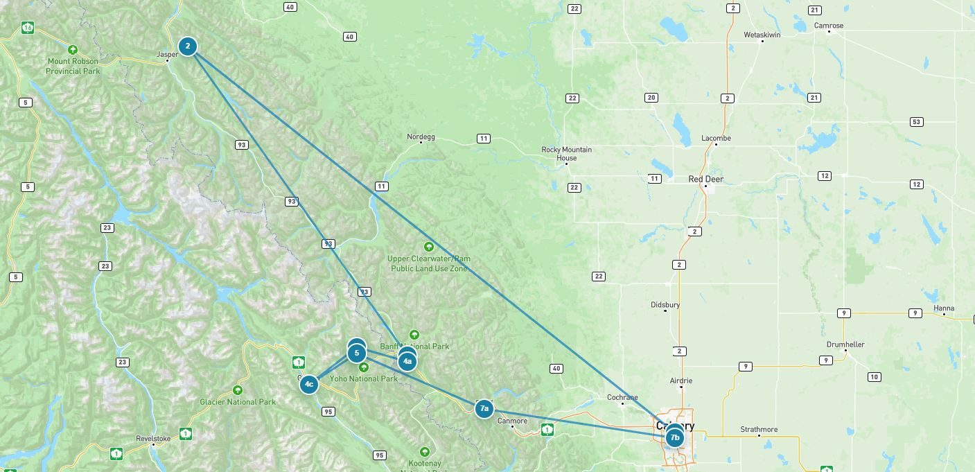 Large route map for 7 Day Rocky Mountain Camping Adventure