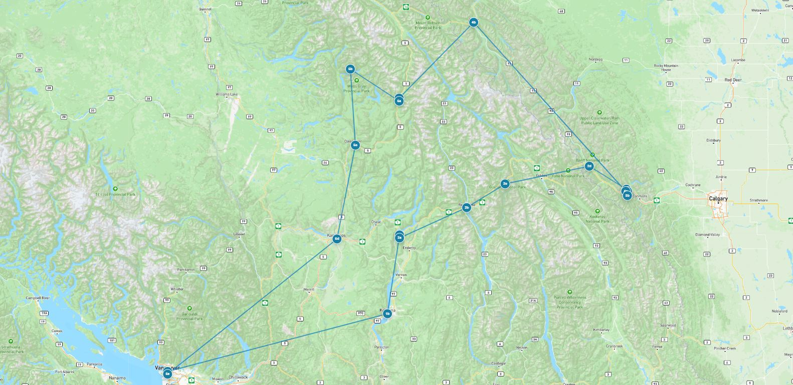 Large route map for Rockies Premium Tour from Vancouver