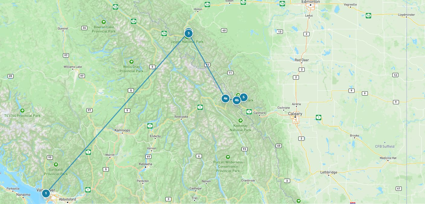 Route map from Vancouver through Jasper and the Canadian Rockies to Calgary